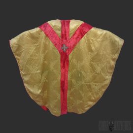 Gothic Revival Gold Brocade Chasuble with Agnus Dei and Christogram Orphreys back View Antique Religious Textile