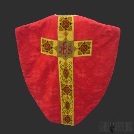 Red Gothic chasuble with gold IHS cross embroidery, traditional Catholic liturgical vestment for Pentecost and martyr feast celebrations