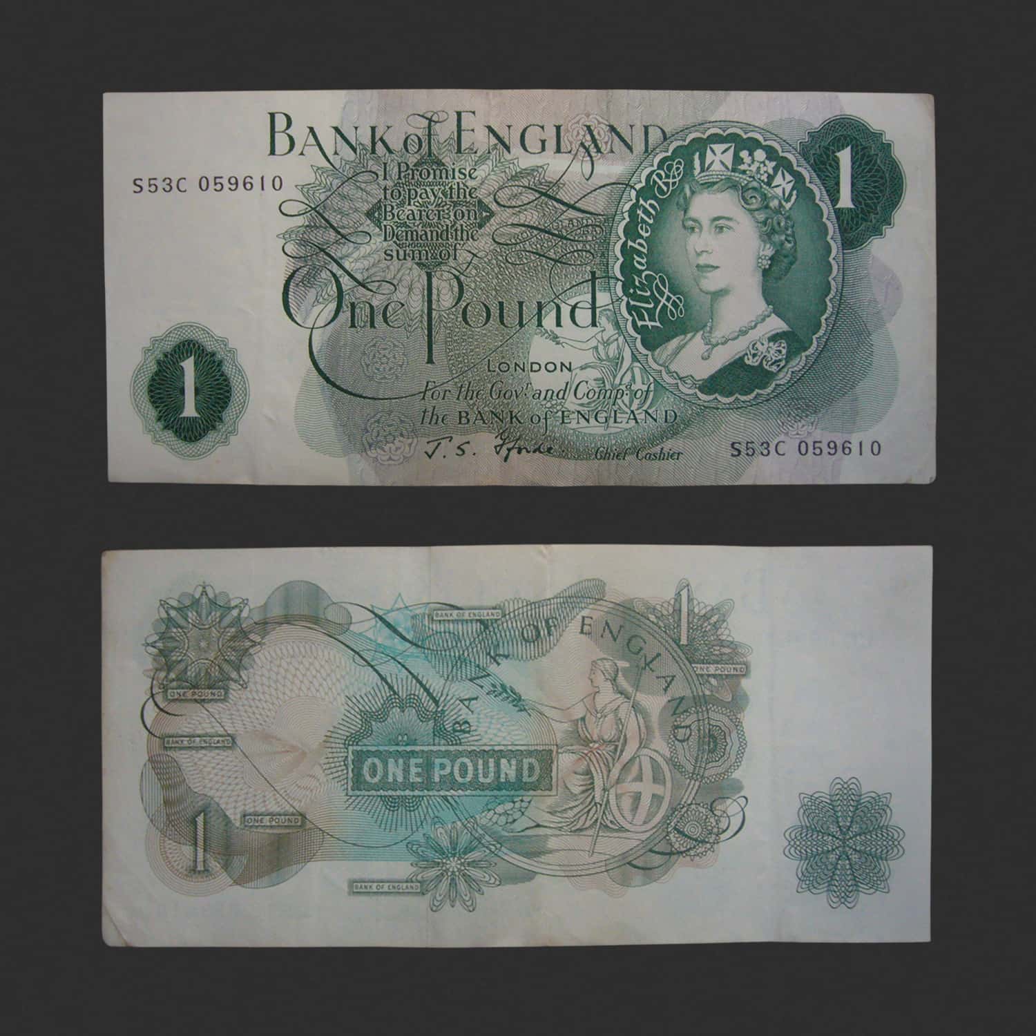 Bank of England 1 Pound Note, (1966–1970) – J.S. Fforde Signature, Queen Elizabeth II Bank of England 1 Pound Note, (1966–1970) – J.S. Fforde Signature, Queen Elizabeth II