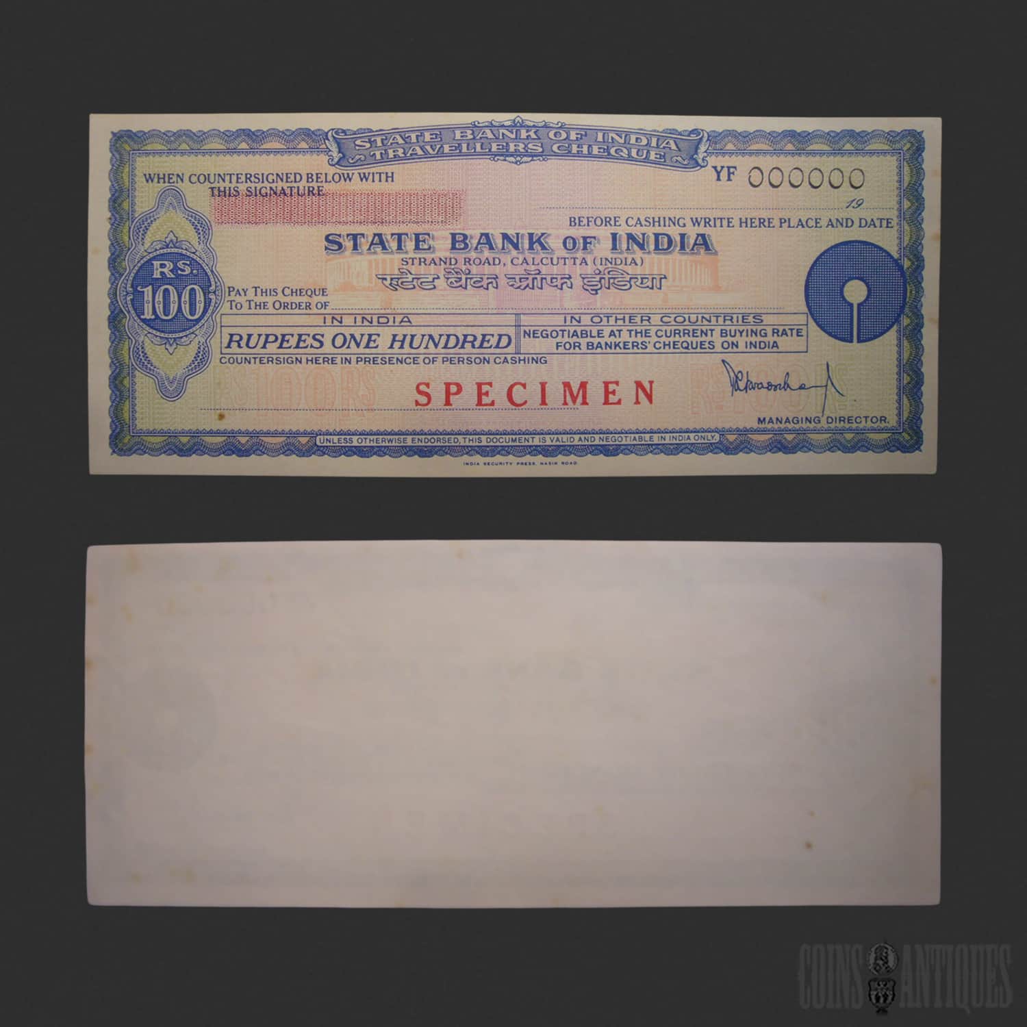 State Bank of India ₹100 Travellers Cheque Specimen 1979 Calcutta Vintage Travellers Cheque State Bank of India ₹100 Travellers Cheque Specimen 1979 Calcutta Vintage Travellers Cheque