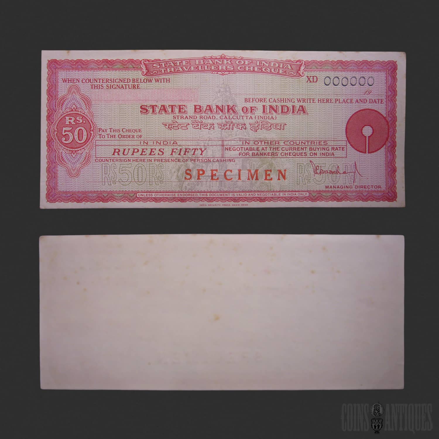 State Bank of India ₹50 Travellers Cheque Specimen 1979 Calcutta Vintage Travellers Cheque State Bank of India ₹50 Travellers Cheque Specimen 1979 Calcutta Vintage Travellers Cheque