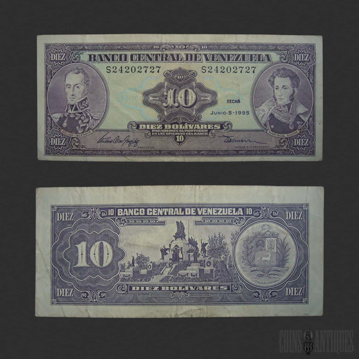 Venezuela 10 Bolívares Banknote 1995 – Banco Central de Venezuela Venezuela 10 Bolívares Banknote 1995 – Banco Central de Venezuela