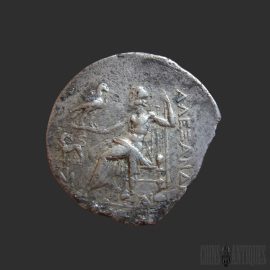 Kingdom of Macedon Alexander III "The Great" AR Tetradrachm ancient Greek silver coin featuring Heracles on the obverse and Zeus seated on the reverse, struck during the Hellenistic period (336–323 BC).